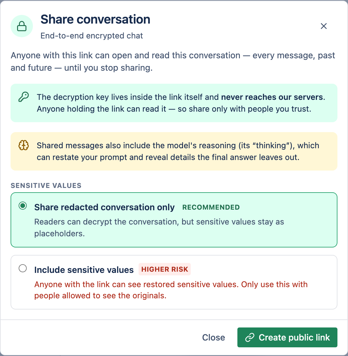La finestra Condividi conversazione con un link pubblico e un interruttore per includere i valori sensibili.