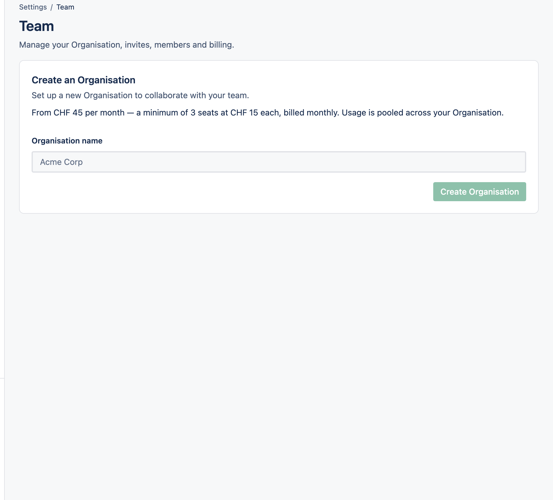 The Team settings page showing members and seats.